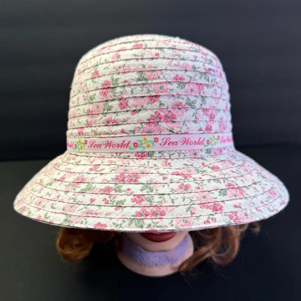 SeaWorld Floral Sun Hat Adult OS Pink White Braided 100% Cotton Wide Brim Beach